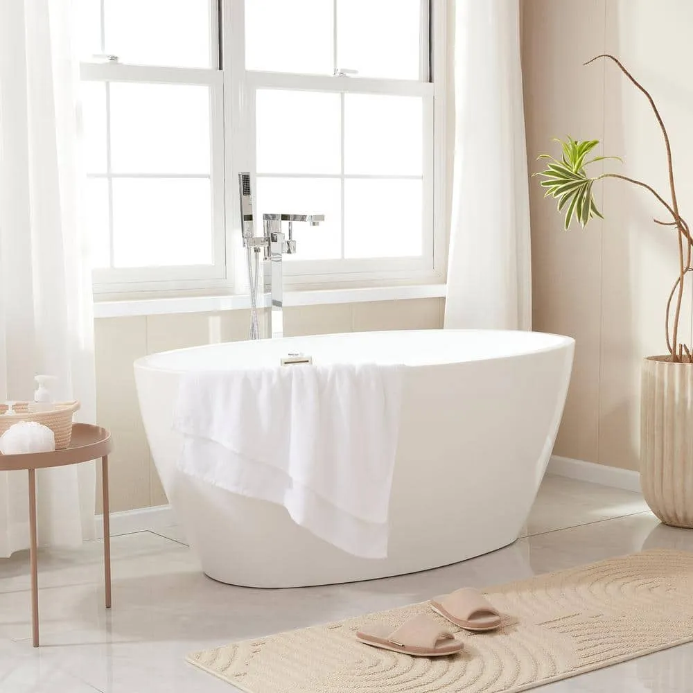Vanity Art Calais 55 in. L x 32 in. W Acrylic Flatbottom Freestanding Bathtub with Center Drain in White/Brushed Nickel, photo 3 of 8