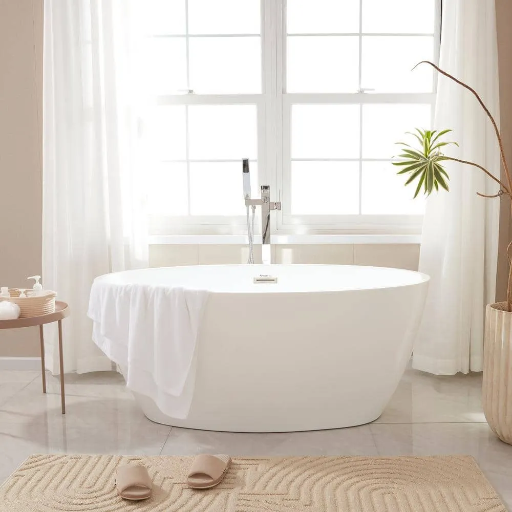 Vanity Art Calais 55 in. L x 32 in. W Acrylic Flatbottom Freestanding Bathtub with Center Drain in White/Brushed Nickel, photo 2 of 8