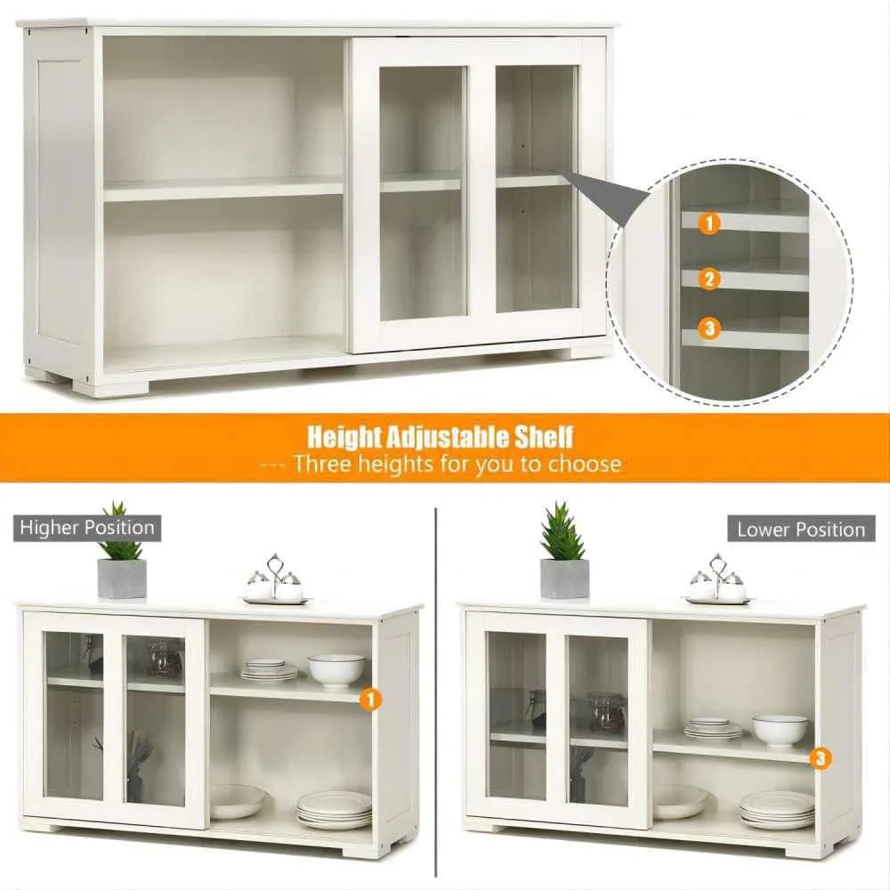 Bunpeony 42 in. W x 24.5 in. H x 13in. D White Wooden Pantry Freestanding Kitchen Storage Cabinet with 2-Glass Sliding Door, photo 4 of 7
