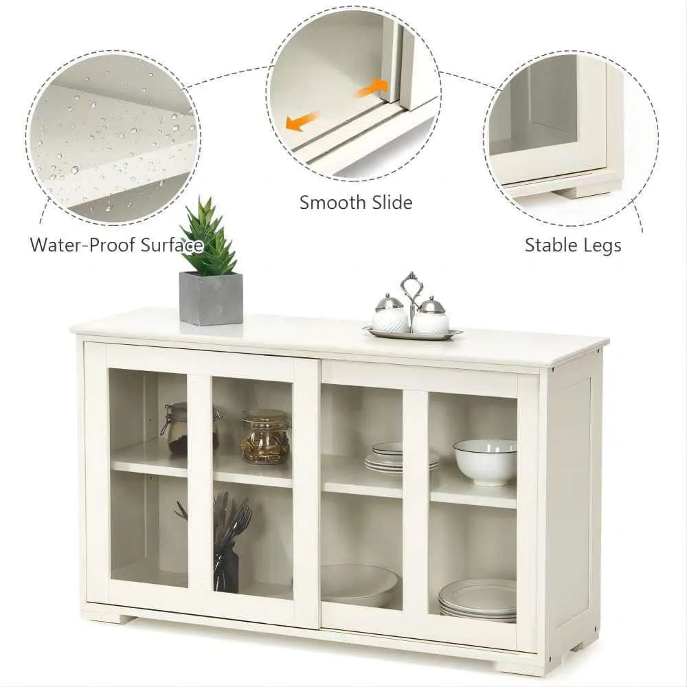 Bunpeony 42 in. W x 24.5 in. H x 13in. D White Wooden Pantry Freestanding Kitchen Storage Cabinet with 2-Glass Sliding Door, photo 5 of 7