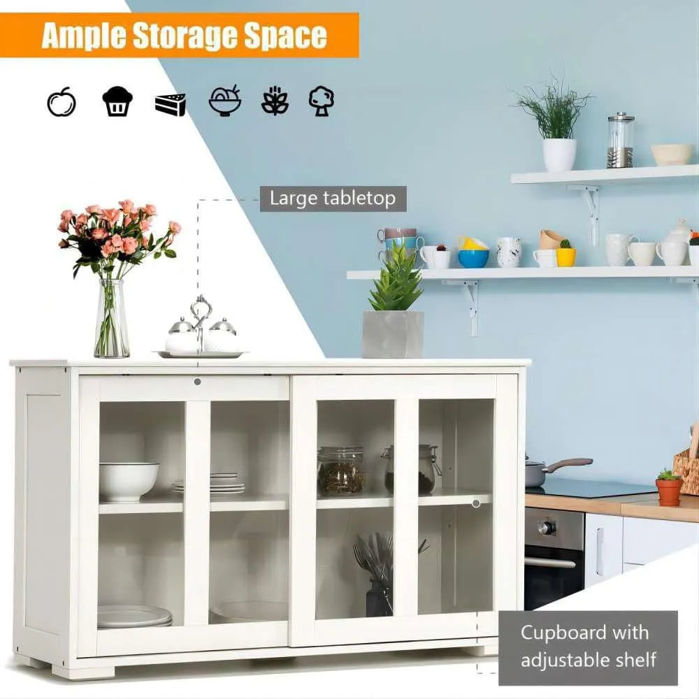 Bunpeony 42 in. W x 24.5 in. H x 13in. D White Wooden Pantry Freestanding Kitchen Storage Cabinet with 2-Glass Sliding Door, photo 3 of 7