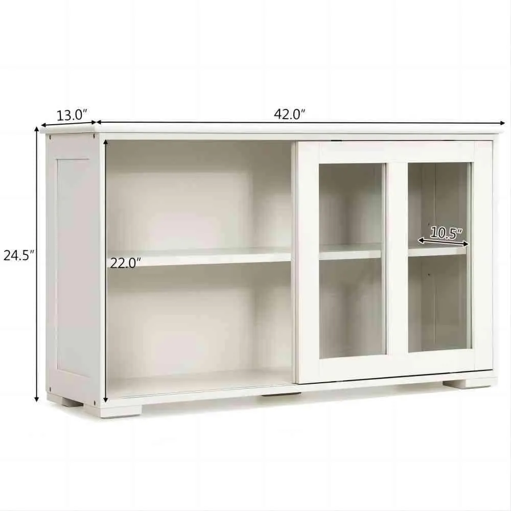 Bunpeony 42 in. W x 24.5 in. H x 13in. D White Wooden Pantry Freestanding Kitchen Storage Cabinet with 2-Glass Sliding Door, photo 7 of 7