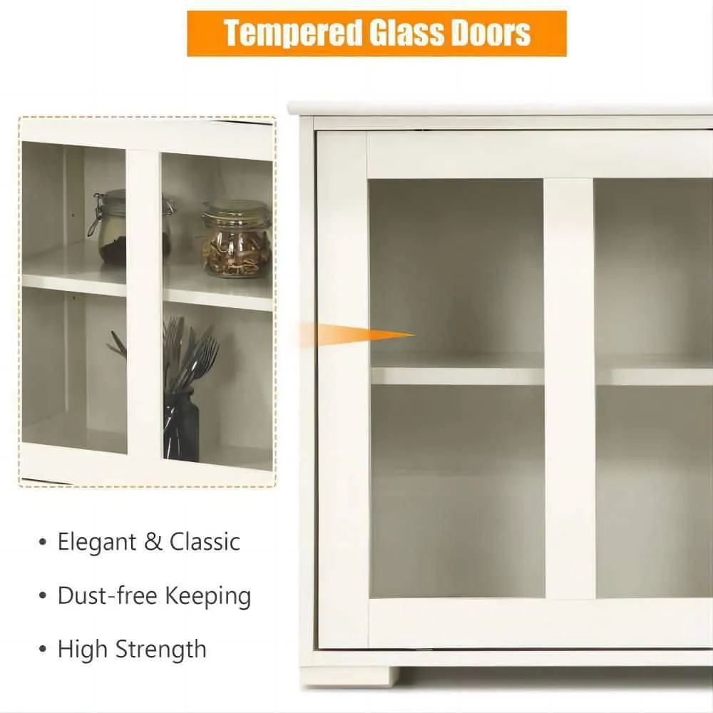 Bunpeony 42 in. W x 24.5 in. H x 13in. D White Wooden Pantry Freestanding Kitchen Storage Cabinet with 2-Glass Sliding Door, photo 6 of 7
