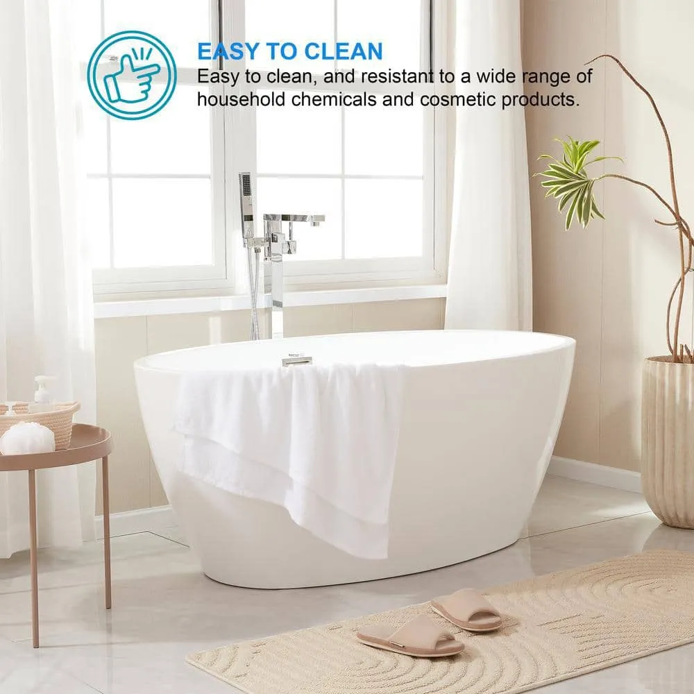 Vanity Art Calais 55 in. L x 32 in. W Acrylic Flatbottom Freestanding Bathtub with Center Drain in White/Classic Chrome, photo 3 of 10