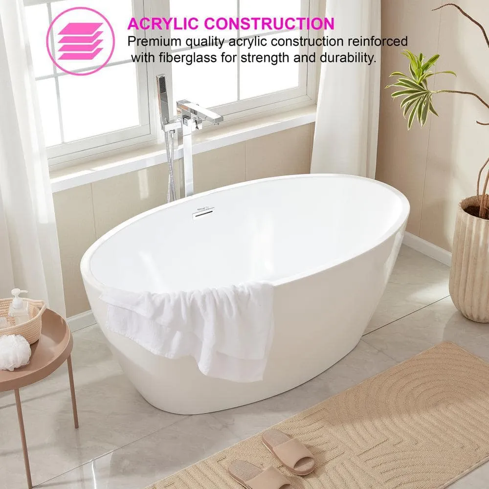 Vanity Art Calais 55 in. L x 32 in. W Acrylic Flatbottom Freestanding Bathtub with Center Drain in White/Polished Chrome, photo 4 of 8