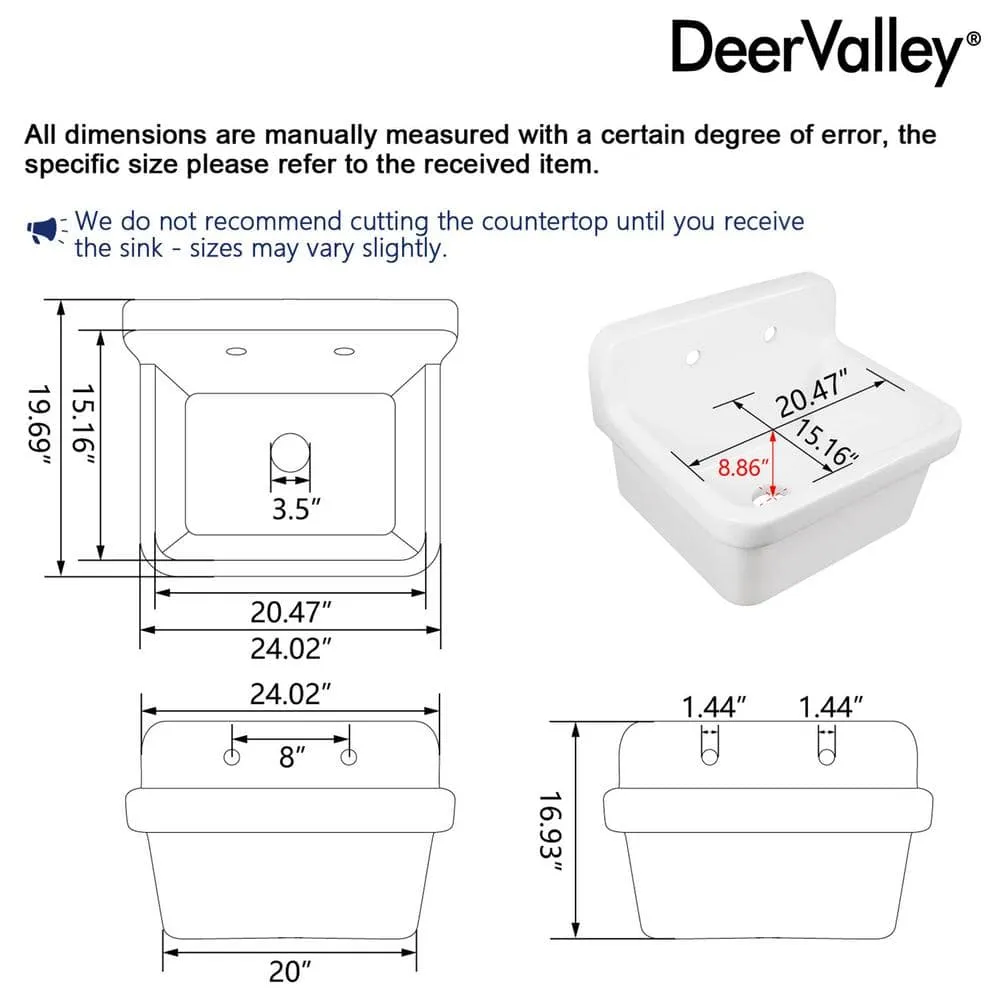 DEERVALLEY 10 Gallon Ceramic Wall Mount Laundry Utility Sink with Basket Strainer, photo 3 of 10