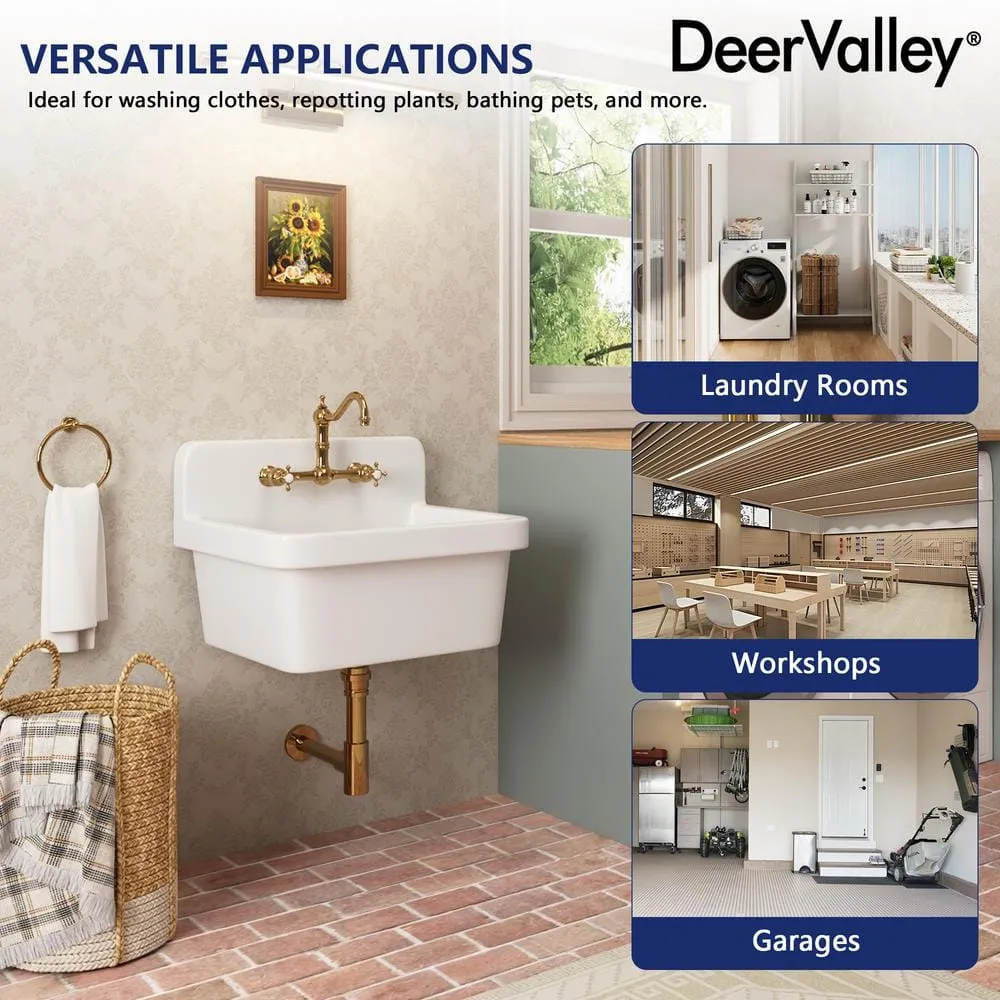 DEERVALLEY 10 Gallon Ceramic Wall Mount Laundry Utility Sink with Basket Strainer, photo 6 of 10