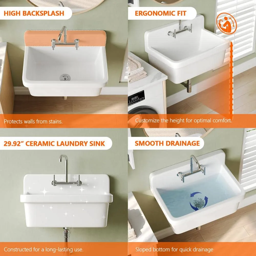 DEERVALLEY 30 in. Wall Mount Laundry/Utility Sink, White Single Bowl, photo 5 of 10