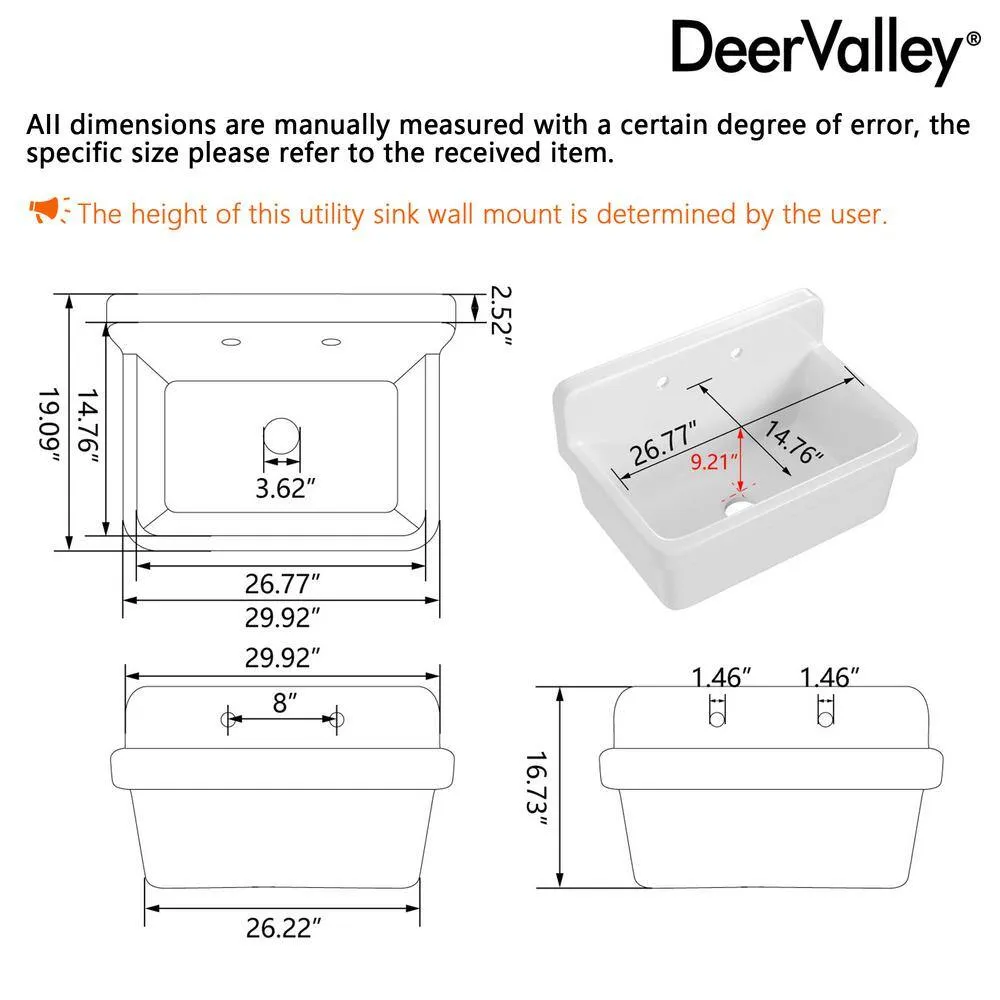 DEERVALLEY 30 in. Wall Mount Laundry/Utility Sink, White Single Bowl, photo 3 of 10