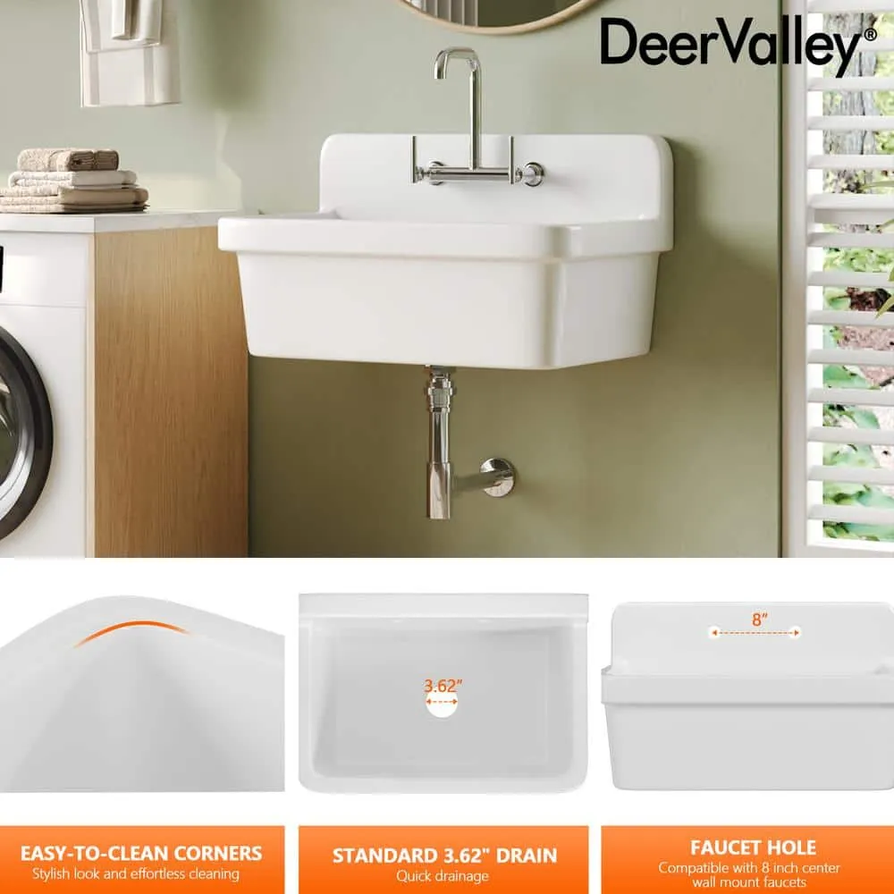 DEERVALLEY 30 in. Wall Mount Laundry/Utility Sink, White Single Bowl, photo 9 of 10