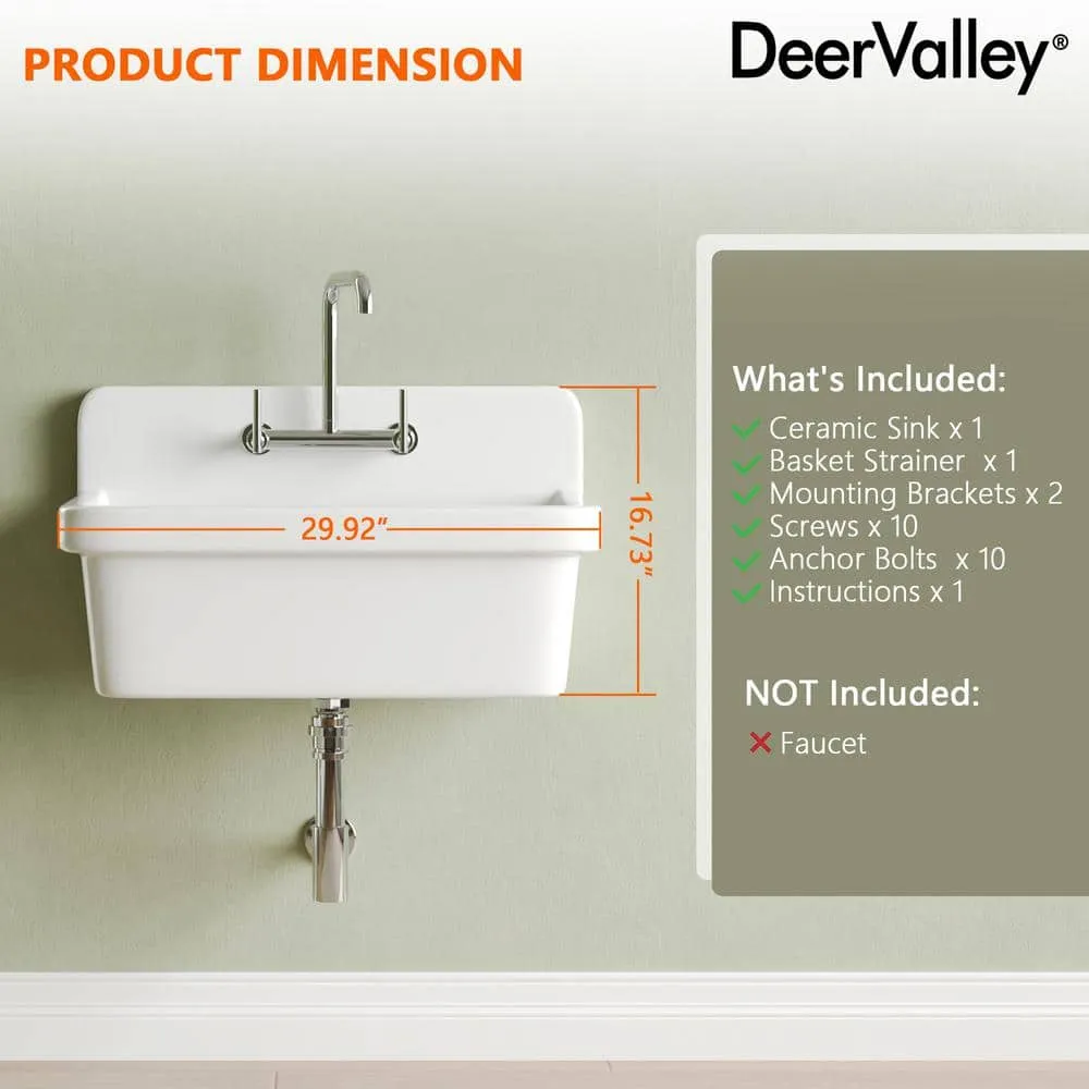 DEERVALLEY 30 in. Wall Mount Laundry/Utility Sink, White Single Bowl, photo 4 of 10