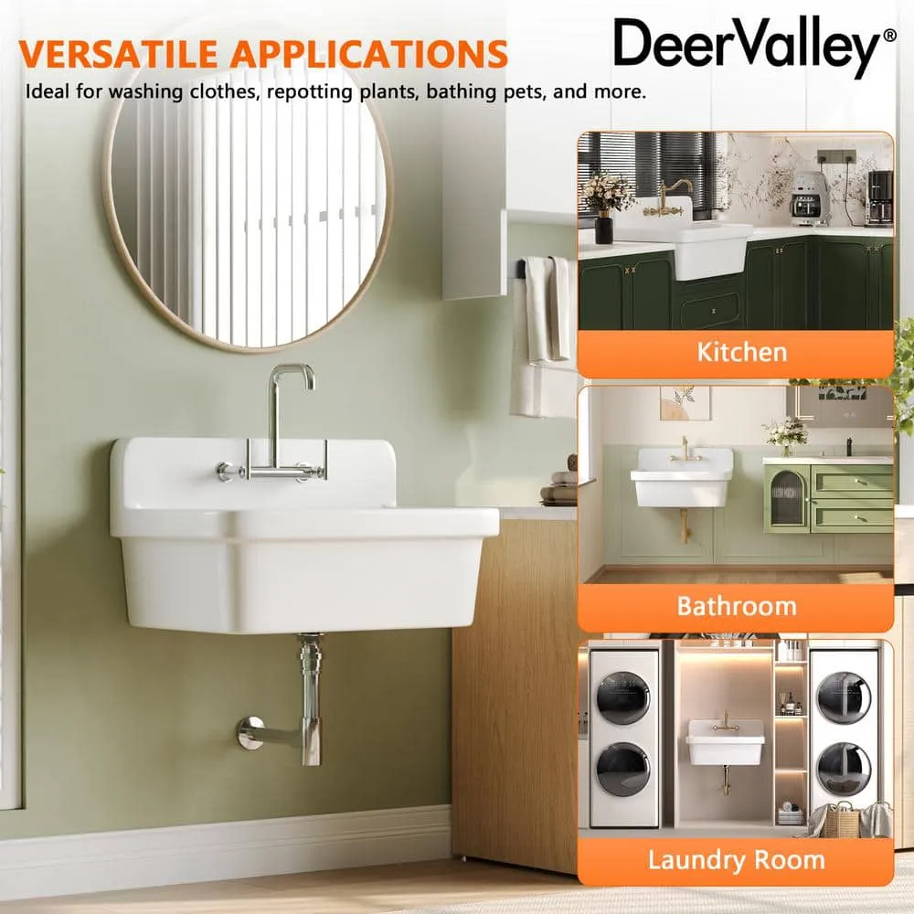 DEERVALLEY 30 in. Wall Mount Laundry/Utility Sink, White Single Bowl, photo 8 of 10