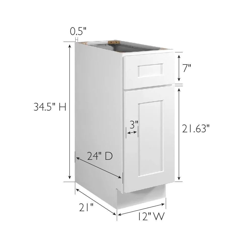 Design House Brookings Solid Wood Assembled Shaker 12 in. x 34.5 in. x 24 in. 1 Door 1 Drawer Base Kitchen Cabinet B12 in White, photo 9 of 15