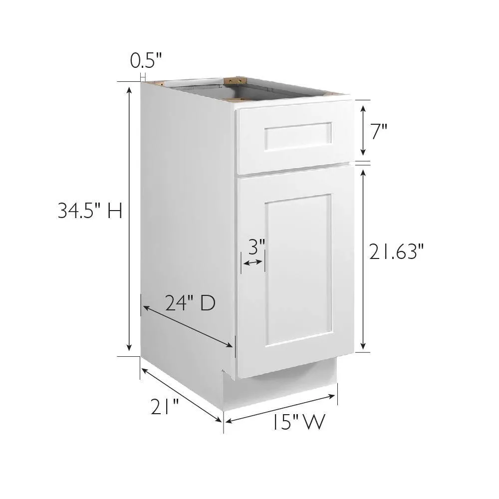 Design House Brookings Solid Wood Assembled Shaker 15 in. x 34.5 in. x 24 in. 1 Door 1 Drawer Base Kitchen Cabinet B15 in White, photo 9 of 15