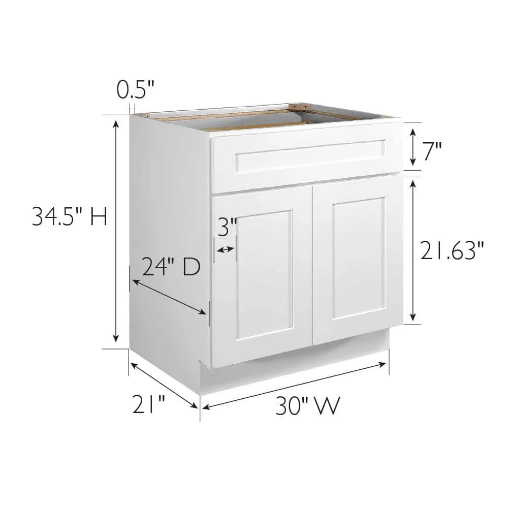 Design House Brookings Solid Wood Assembled Shaker 30 in. x 34.5 in. x 24 in. 2 Door 1 Drawer Base Kitchen Cabinet B30 in White, photo 9 of 15
