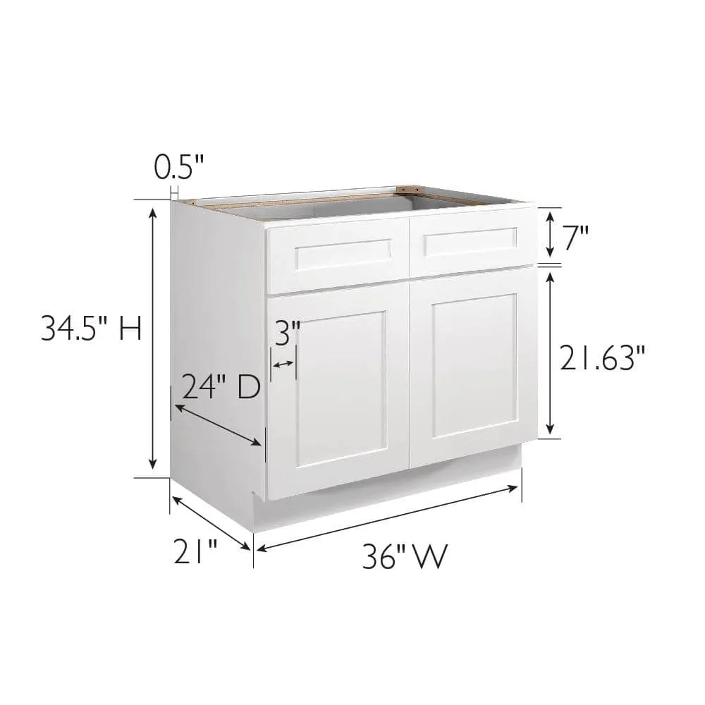 Design House Brookings Solid Wood Assembled Shaker 36 in. x 34.5 in. x 24 in. 2 Door 2 Drawer Base Kitchen Cabinet B36 in White, photo 9 of 15