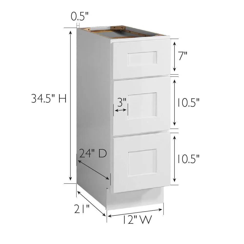 Design House Brookings Solid Wood Assembled Shaker 12 in. x 34.5 in. x 24 in. 3 Drawer Base Kitchen Cabinet 3DB12 in White, photo 8 of 14