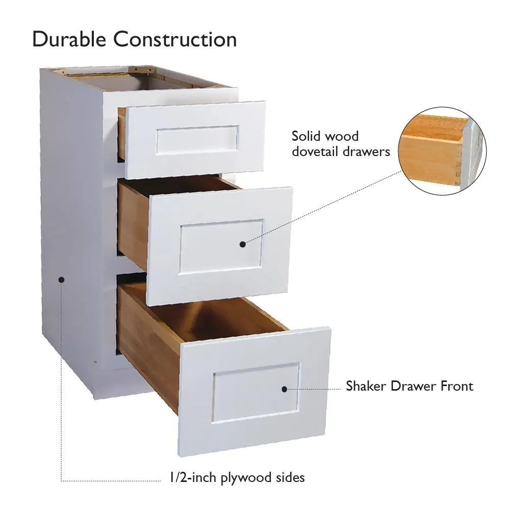 Design House Brookings Solid Wood Assembled Shaker 12 in. x 34.5 in. x 24 in. 3 Drawer Base Kitchen Cabinet 3DB12 in White, photo 7 of 14