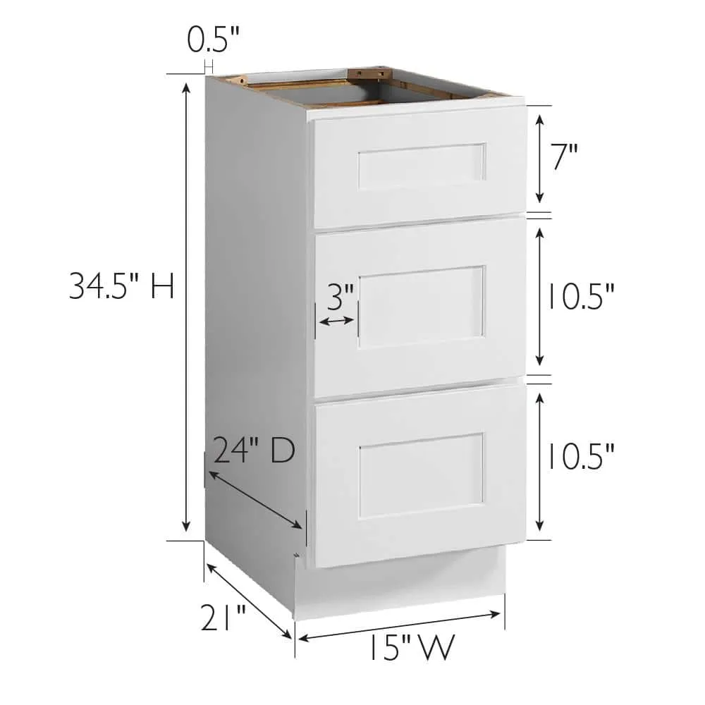 Design House Brookings Solid Wood Assembled Shaker 15 in. x 34.5 in. x 24 in. 3 Drawer Base Kitchen Cabinet with 3DB15 in White, photo 9 of 15