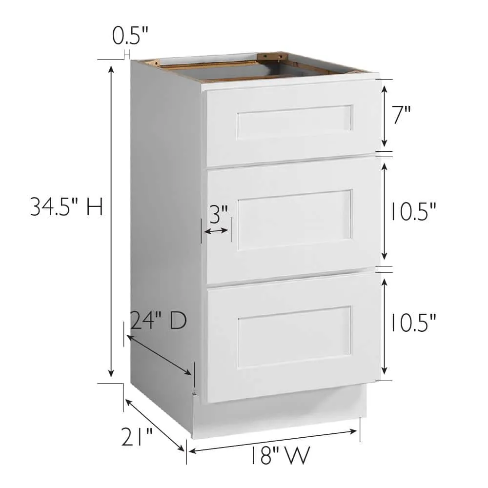 Design House Brookings Solid Wood Assembled Shaker 18 in. x 34.5 in. x 24 in. 3 Drawer Base Kitchen Cabinet 3DB18 in White, photo 9 of 15
