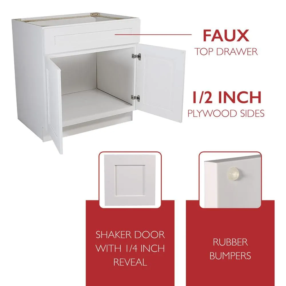 Design House Brookings Solid Wood Assembled Shaker 42 in. x 34.5 in. x 24 in. 2 Door Sink Base Kitchen Cabinet SB42 in White, photo 3 of 15
