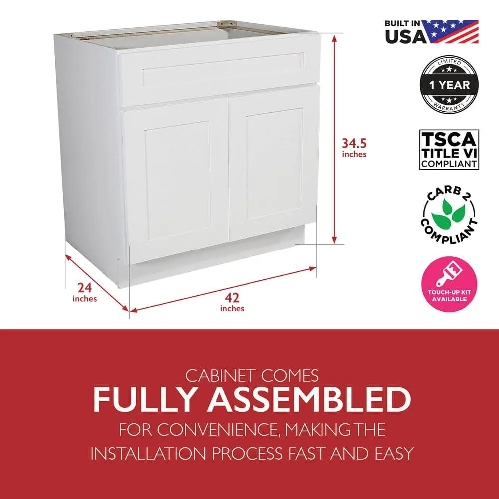Design House Brookings Solid Wood Assembled Shaker 42 in. x 34.5 in. x 24 in. 2 Door Sink Base Kitchen Cabinet SB42 in White, photo 6 of 15