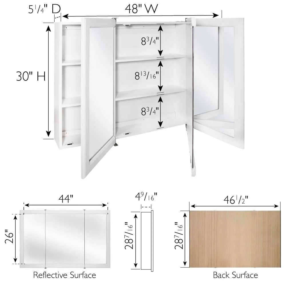 Design House Concord 48 in. W x 30 in. H Surface Mount Tri-View White Gloss Medicine Cabinet with Mirror, photo 2 of 15