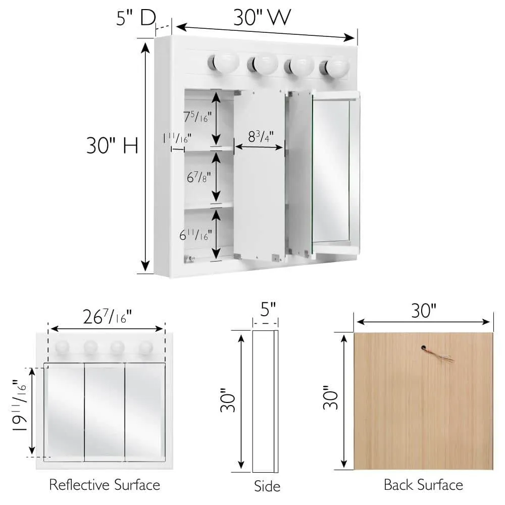 Design House Concord 30 in. x 30 in. Surface-Mount 4-Light Tri-View Medicine Cabinet in White Gloss, photo 2 of 10