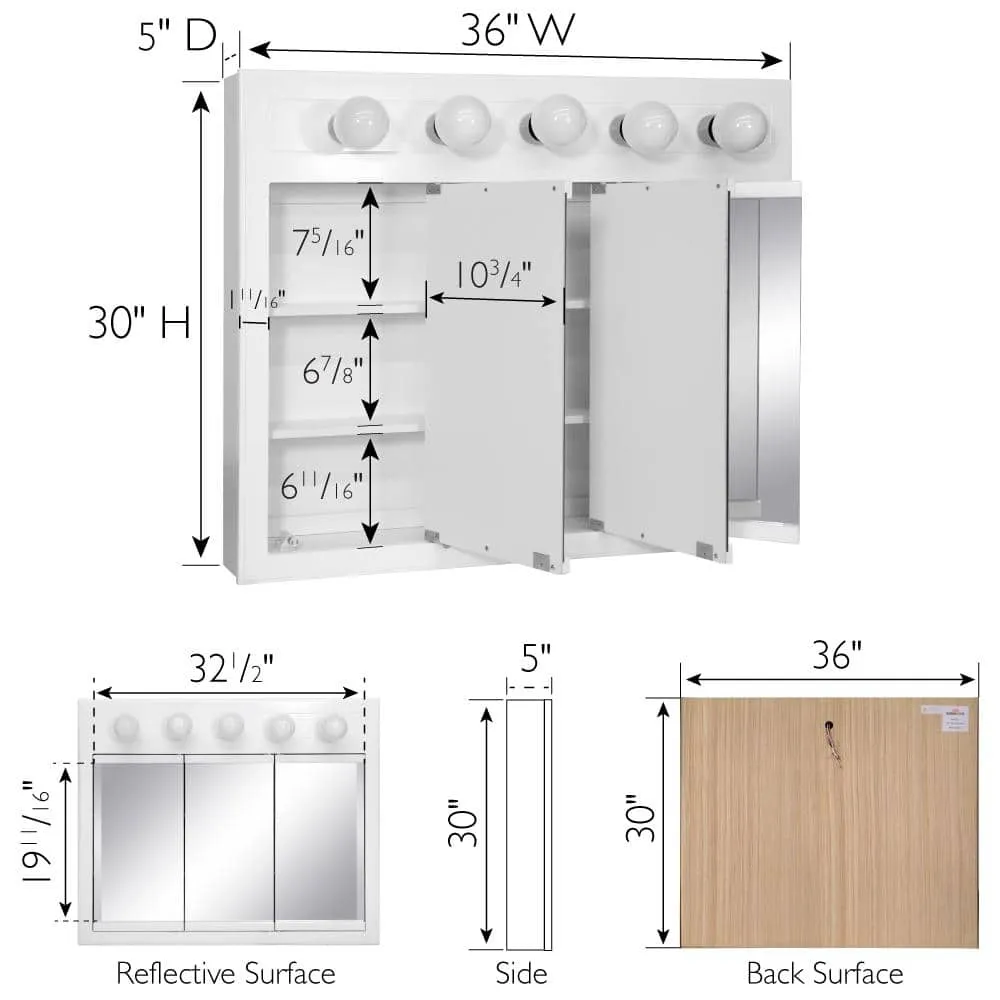 Design House Concord 36 in. W x 30 in. H x 5 in. D Framed 5-Light Tri-View Surface-Mount Bathroom Medicine Cabinet in White Gloss, photo 2 of 15