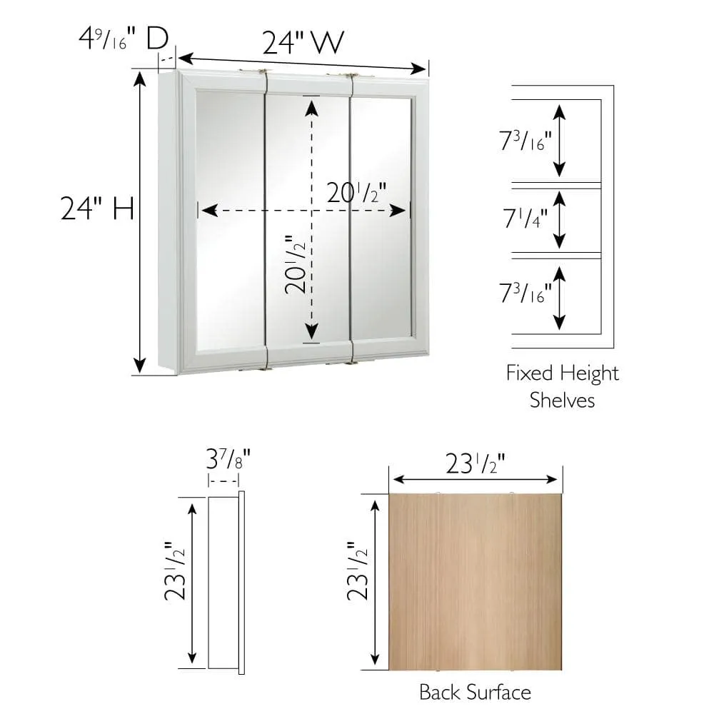 Design House Classic 24 in. x 24 in. x 4-3/4 in. Surface-Mount Tri-View Bathroom Medicine Cabinet in White, photo 4 of 9