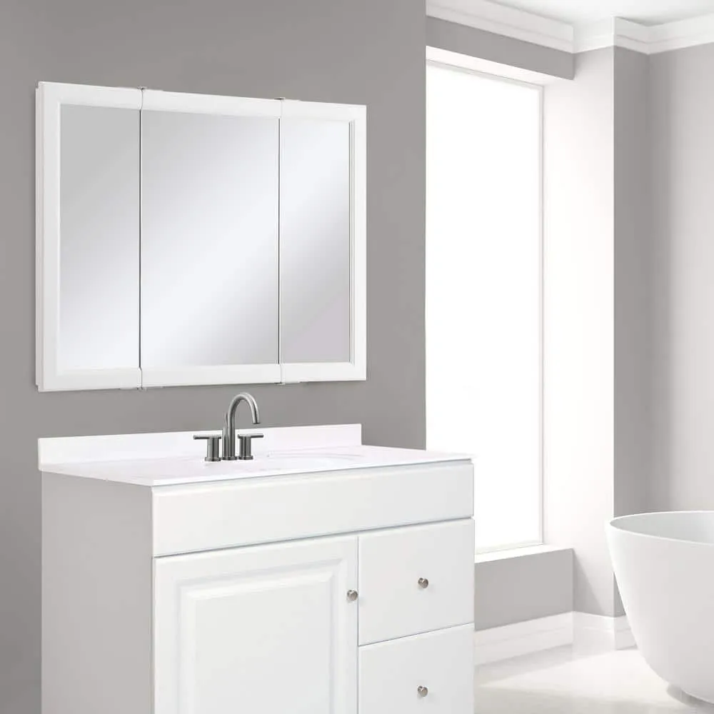 Design House Wyndham 36 in. W x 30 in. H x 4-3/4 in. D Framed Tri-View Surface-Mount Bathroom Medicine Cabinet in White Semi-Gloss, photo 11 of 11