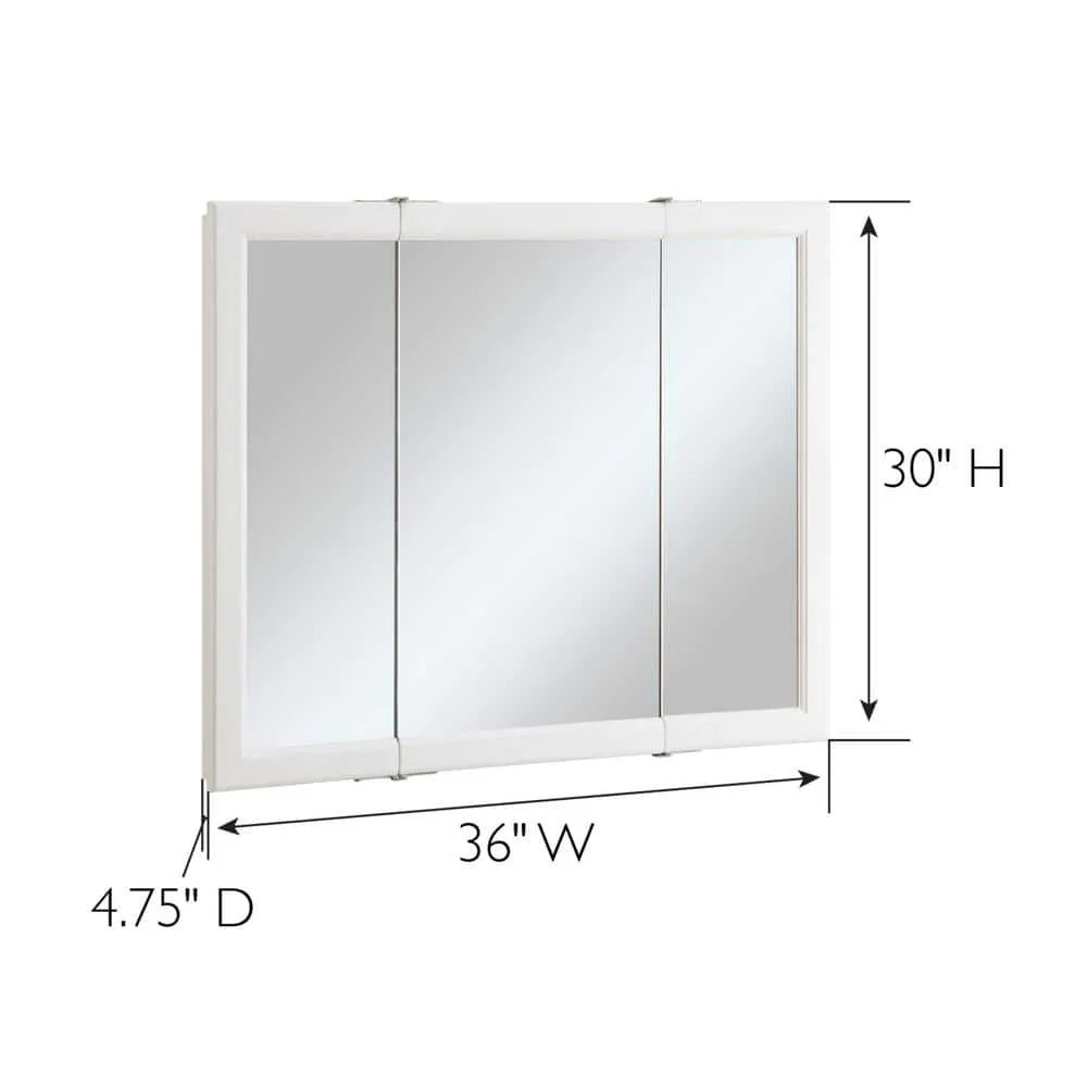 Design House Wyndham 36 in. W x 30 in. H x 4-3/4 in. D Framed Tri-View Surface-Mount Bathroom Medicine Cabinet in White Semi-Gloss, photo 2 of 11