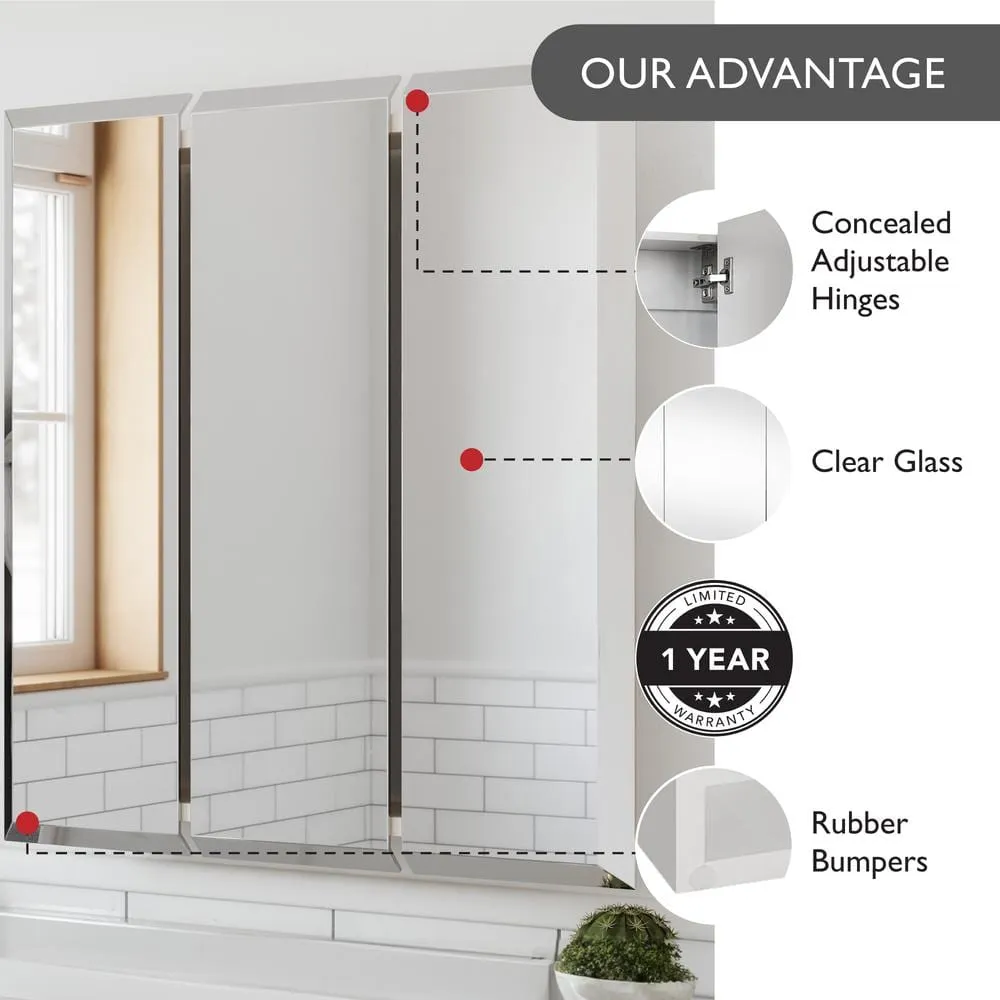 Design House Cyprus 30.4 in. W x 30.1 in. H Assembled Frameless Tri-View Recessed/Surface Mount Medicine Cabinet with Mirrors, photo 14 of 15