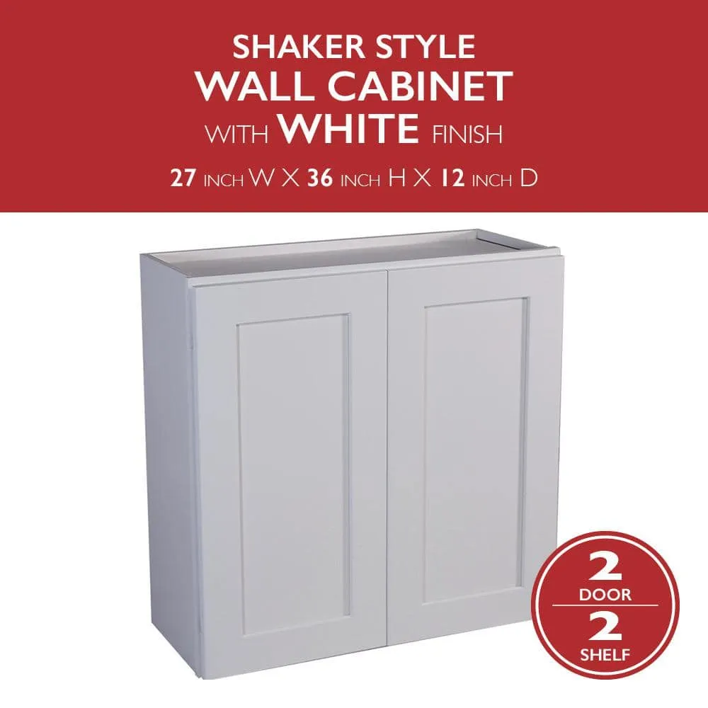 Design House Brookings Solid Wood Ready to Assemble Shaker 27 in. x 36 in. x 12 in. 2 Door Wall Kitchen Cabinet W2736 in White, photo 2 of 15