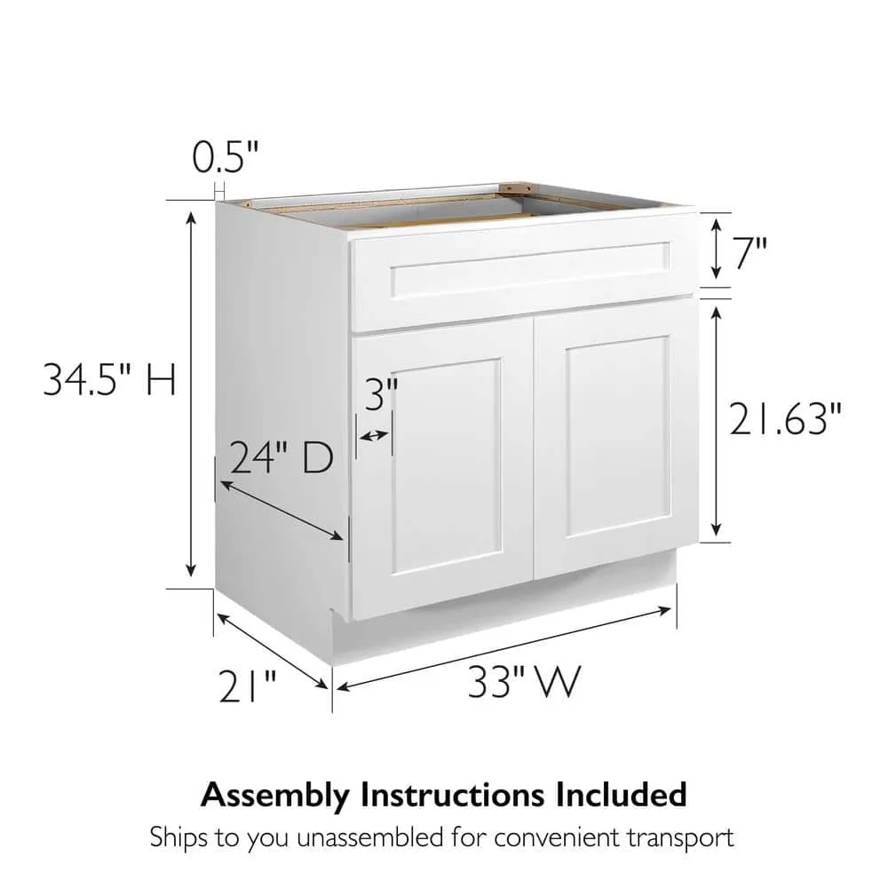 Design House Brookings Plywood Ready to Assemble Shaker 33x34.5x24 in. 2-Door 1-Drawer Base Kitchen Cabinet in White, photo 9 of 15