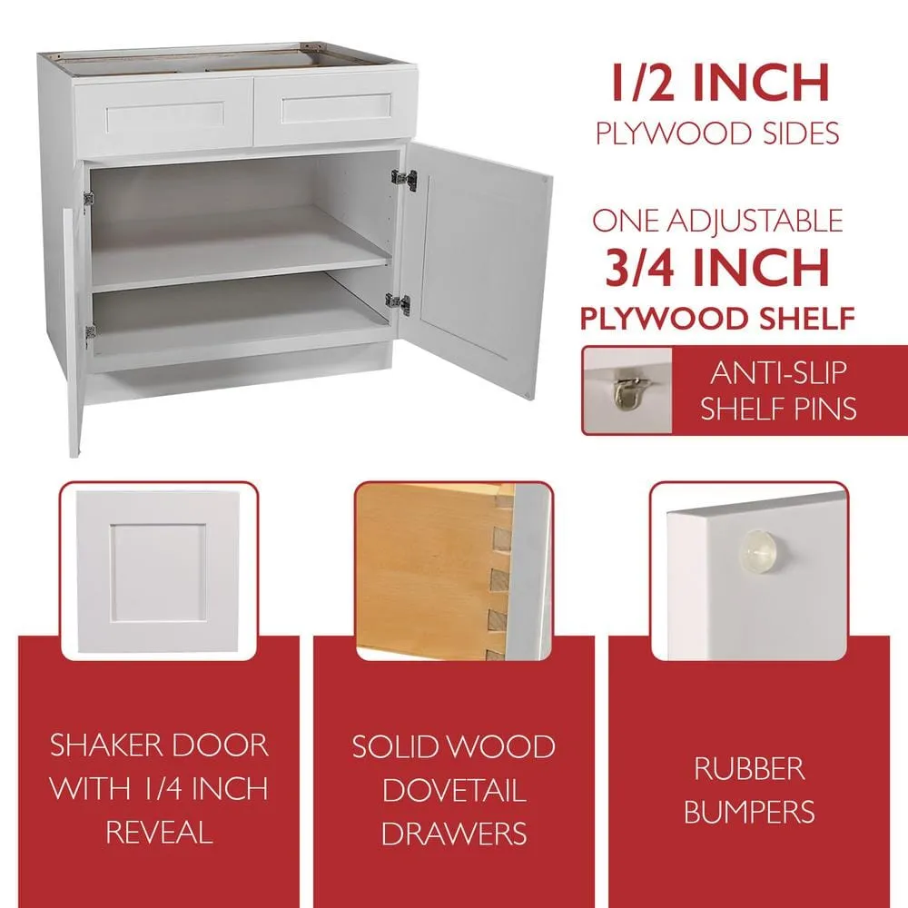 Design House Brookings Solid Wood Ready to Assemble Shaker 42x34.5x24 in. 2 Door 2 Drawer Base Kitchen Cabinet in White, photo 3 of 15