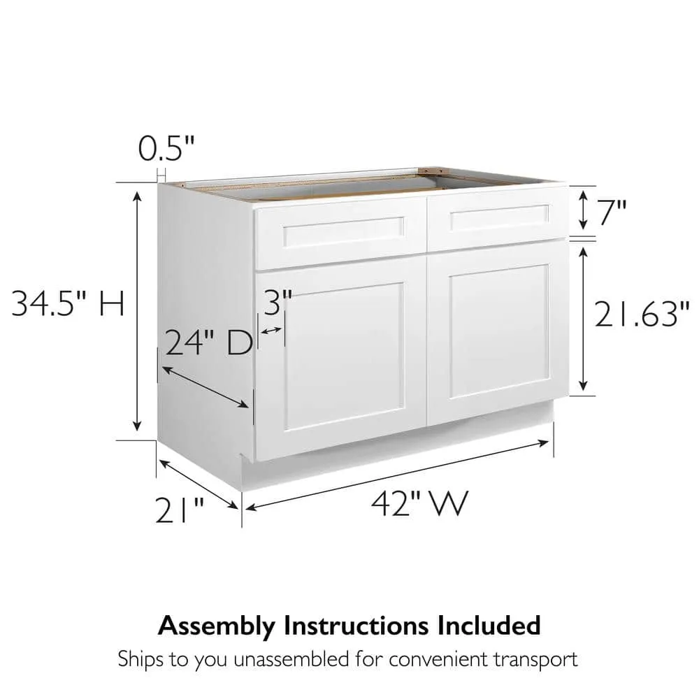 Design House Brookings Solid Wood Ready to Assemble Shaker 42x34.5x24 in. 2 Door 2 Drawer Base Kitchen Cabinet in White, photo 9 of 15