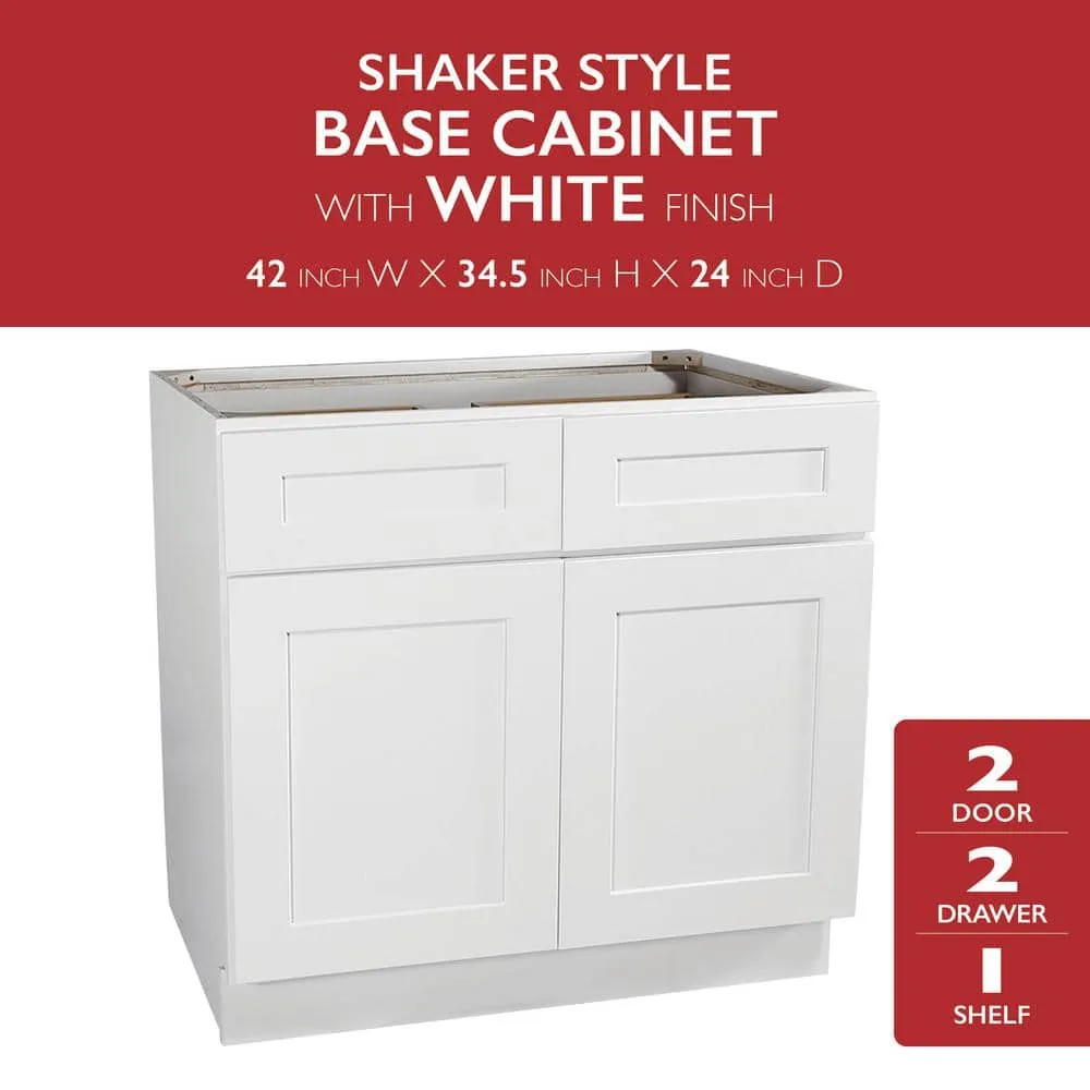 Design House Brookings Solid Wood Ready to Assemble Shaker 42x34.5x24 in. 2 Door 2 Drawer Base Kitchen Cabinet in White, photo 2 of 15