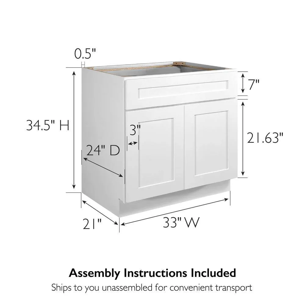 Design House Brookings Plywood Ready to Assemble Shaker 33x34.5x24 in. 2-Door Base Kitchen Cabinet Sink in White, photo 9 of 15