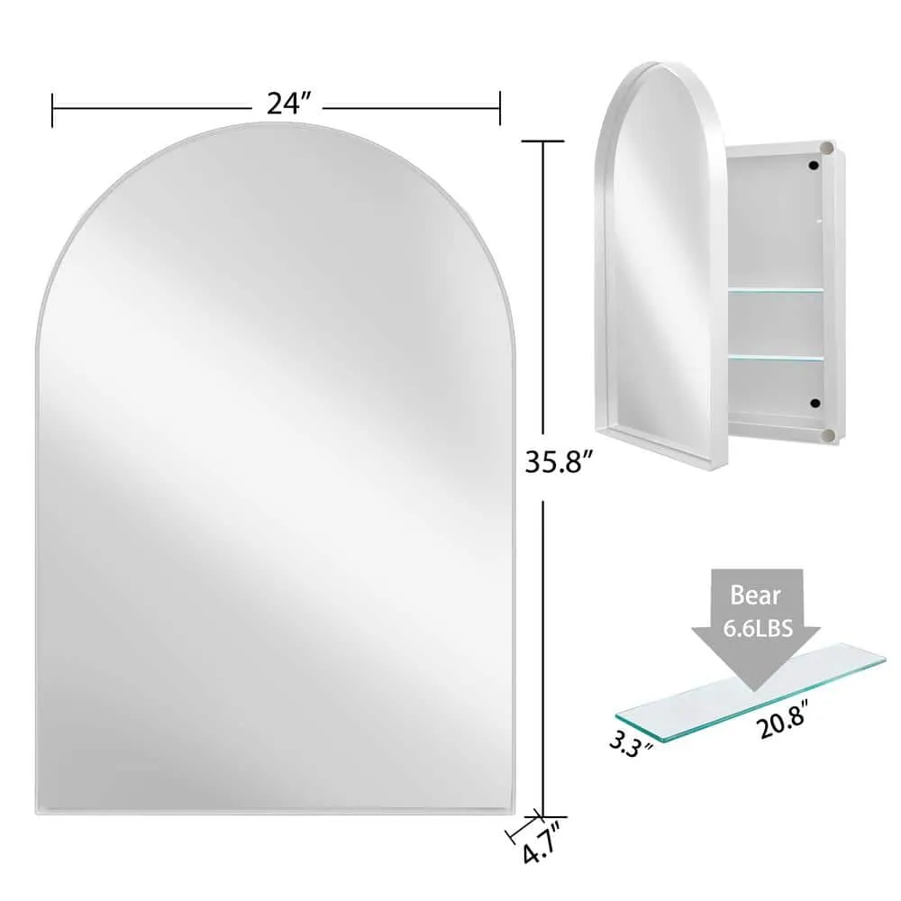 FORCLOVER 24 in. W x 36 in. H Arched Medicine Cabinet with Mirror and Adjustable Shelves Recessed or Surface Mount in White, photo 8 of 8
