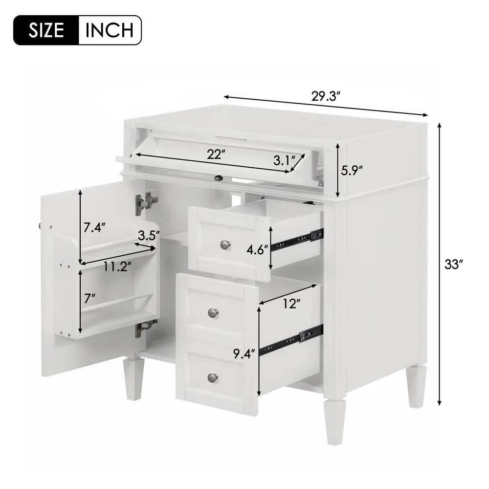 FUNKOL 29.3 x 17.87 x 33 In. White MDF Vertical Bath Cabinet with 3 Drawers and 1 Soft Close Door, Top Sink Not Included, photo 5 of 6