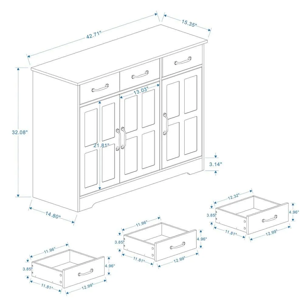 FUNKOL 42.72-in W x 15.35-in D x 32.09-in H in MDF Ready to Assemble Kitchen Cabinet in White with 3 Drawers and 3 Doors, photo 10 of 10