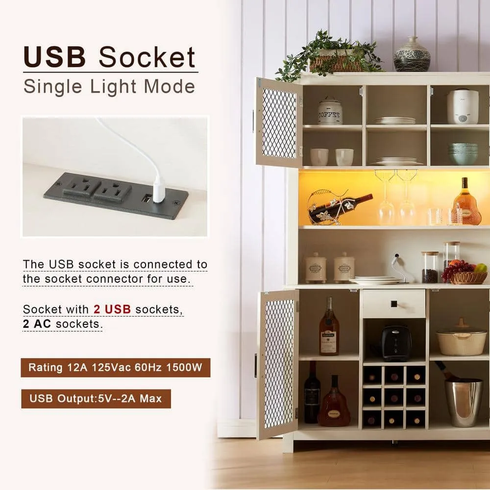 FUNKOL 41.73 in. x 15.75 in. x 70.87 in. White MDF Kitchen Storage Cabinet with LED Outlet, Wine Rack and 4-Doors, photo 4 of 8
