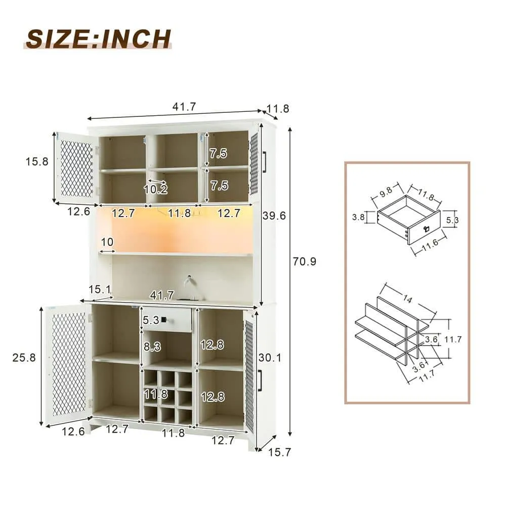 FUNKOL 41.73 in. x 15.75 in. x 70.87 in. White MDF Kitchen Storage Cabinet with LED Outlet, Wine Rack and 4-Doors, photo 8 of 8