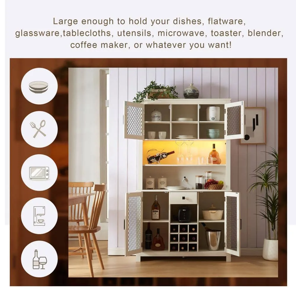 FUNKOL 41.73 in. x 15.75 in. x 70.87 in. White MDF Kitchen Storage Cabinet with LED Outlet, Wine Rack and 4-Doors, photo 5 of 8