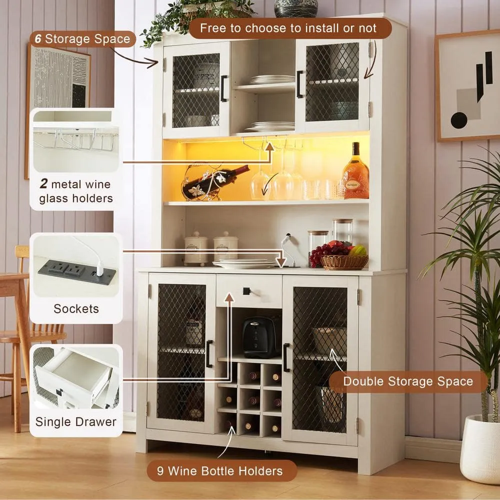 FUNKOL 41.73 in. x 15.75 in. x 70.87 in. White MDF Kitchen Storage Cabinet with LED Outlet, Wine Rack and 4-Doors, photo 6 of 8