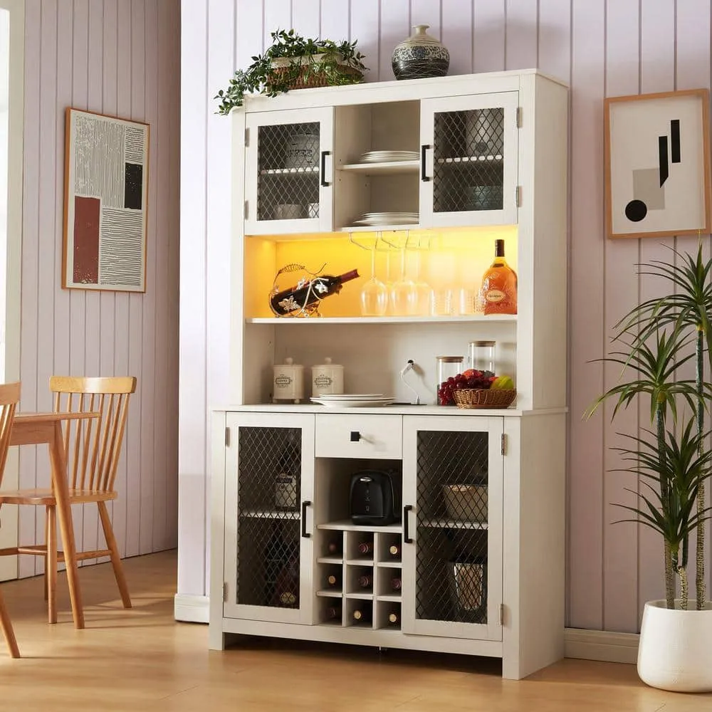 FUNKOL 41.73 in. x 15.75 in. x 70.87 in. White MDF Kitchen Storage Cabinet with LED Outlet, Wine Rack and 4-Doors, photo 3 of 8