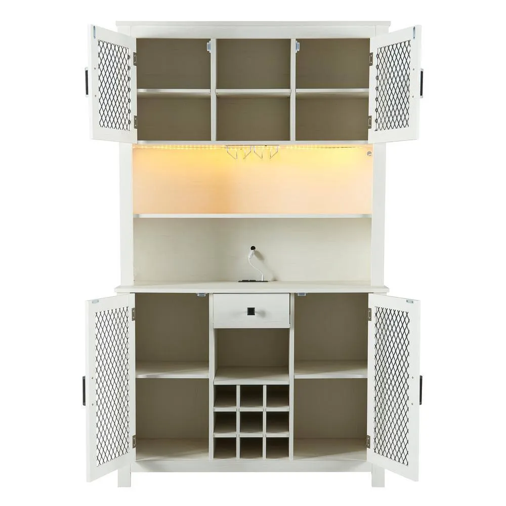 FUNKOL 41.73 in. x 15.75 in. x 70.87 in. White MDF Kitchen Storage Cabinet with LED Outlet, Wine Rack and 4-Doors, photo 7 of 8