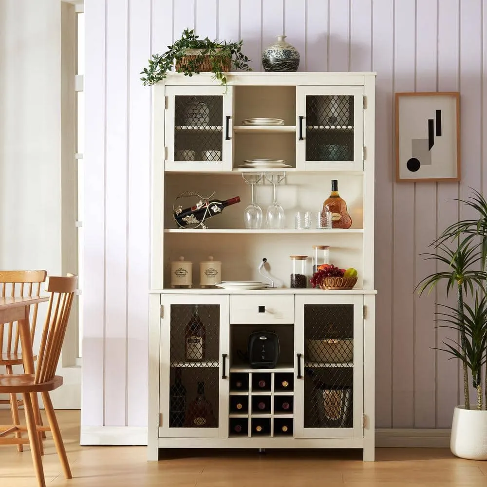 FUNKOL 41.73 in. x 15.75 in. x 70.87 in. White MDF Kitchen Storage Cabinet with LED Outlet, Wine Rack and 4-Doors, photo 2 of 8