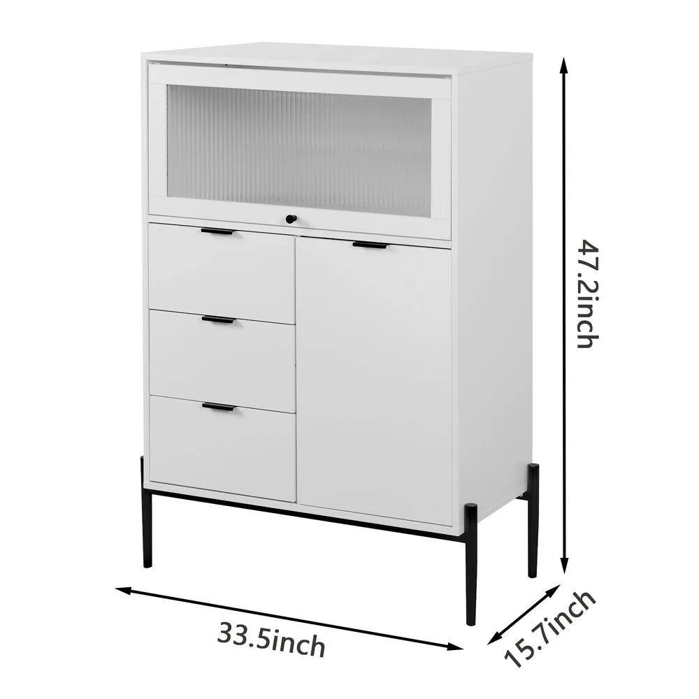 FUNKOL 33.46 in. x 15.74 in. x 47.2 in. White Particleboard Ready to Assemble Kitchen Cabinet w/1 Glass Door 3-Drawers & 1-Door, photo 6 of 6